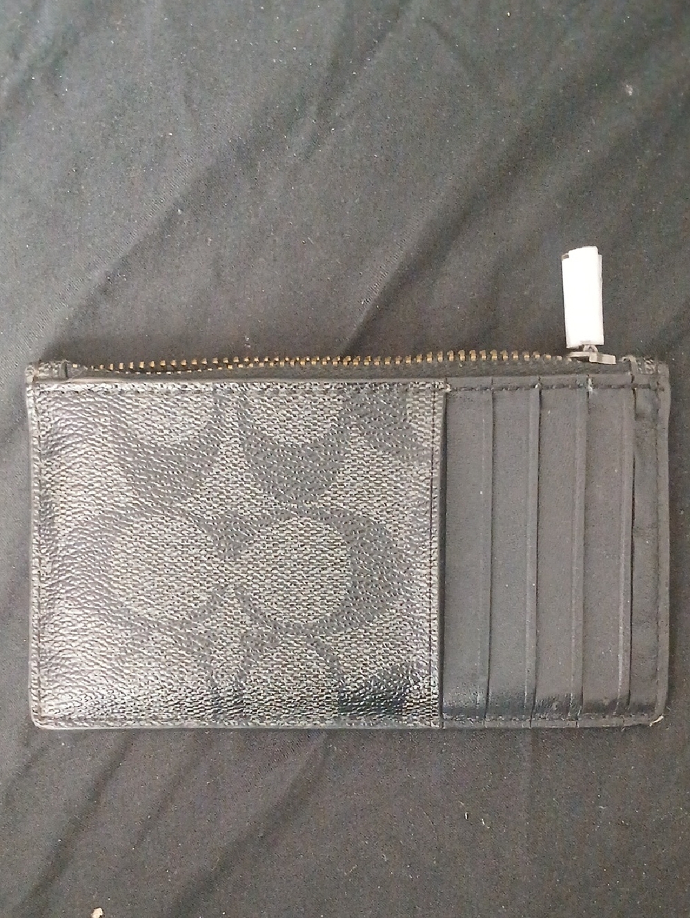 Coach Signature Premium Leather Black Monogram 5+ Card Holder With Zip Up Pouch